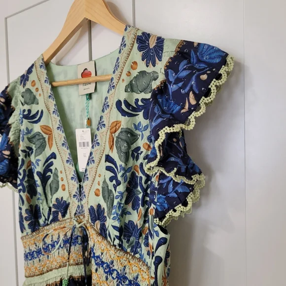 Anthropologie Farm Rio Ocean Tapestry Maxi Smocked Green Blue Lace Midi Dress - Picture 10 of 11